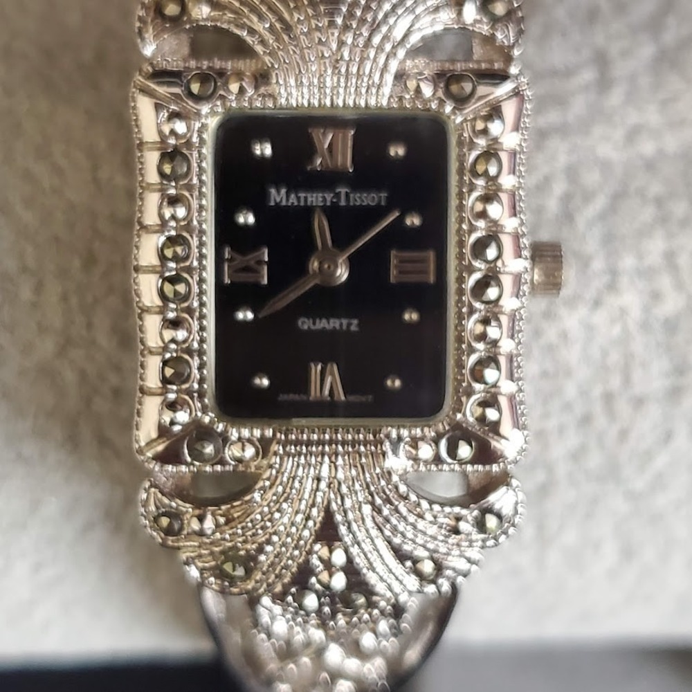 Mathey-Tissot Art Deco Marcasite Filigree Silver Tone Watch Black Dial Running - Picture 4 of 10